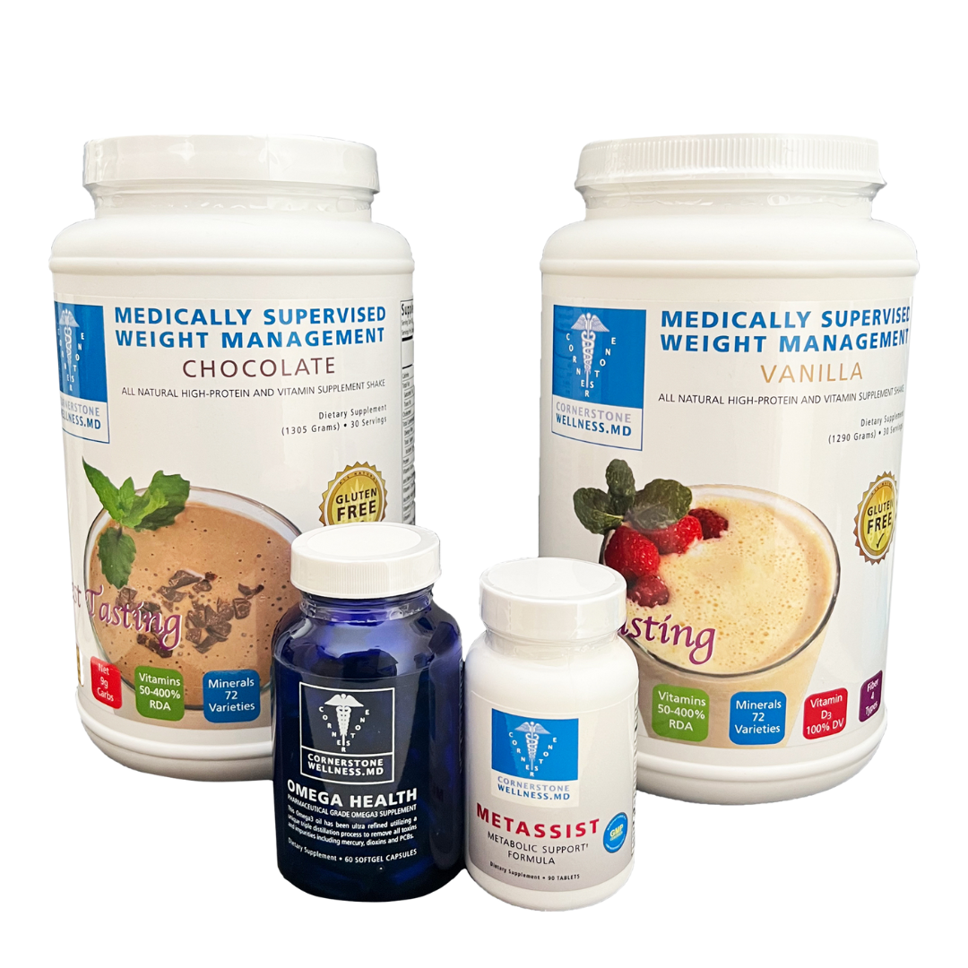 High Protein Meal Replacement Vanilla and Chocolate Shakes with Omega Health Omega 3 Blue Glass Bottle and Metasist Carb Craving bottle.