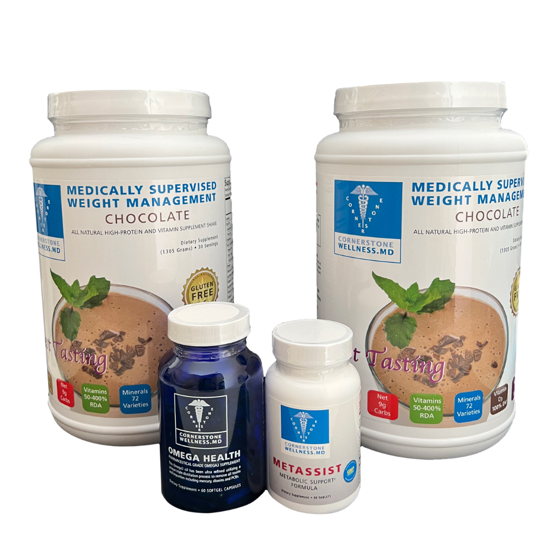 High Protein Meal Replacement Chocolate Shakes with Omega Health Omega 3 Blue Glass Bottle and Metasist Carb Craving bottle.