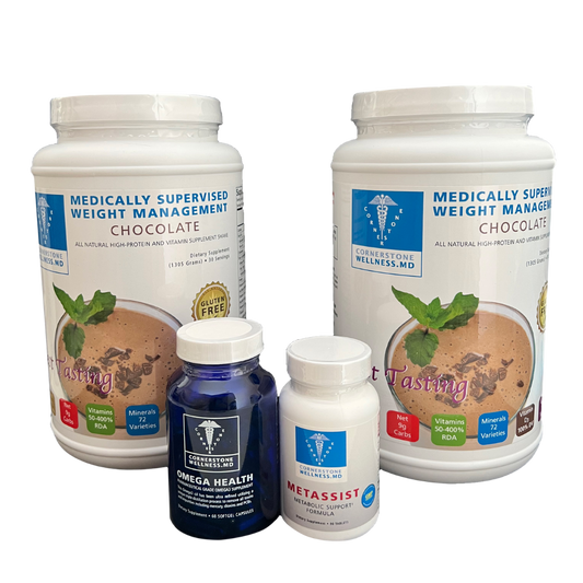 High Protein Meal Replacement Chocolate Shakes with Omega Health Omega 3 Blue Glass Bottle and Metasist Carb Craving bottle.